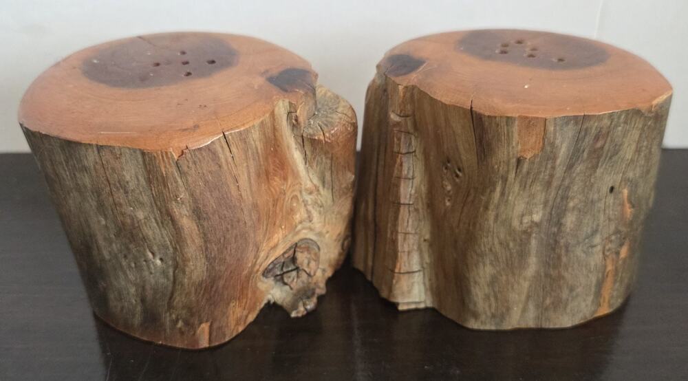 Vintage Redwood Tree Stump Salt & Pepper Shakers - Live Edge Log Style